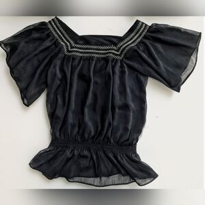 Mudd Women's Sz Small Black Sheer Square-Neck Embroidered Peasant Blouse